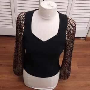 Leopard Print Sleeve Black Holiday Top